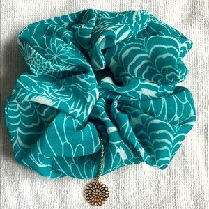 Teal Floral Scrunchie with Gold Charm